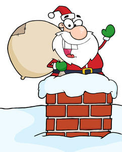 Free Santa Claus Clipart Image: Cartoon Santa Claus Going down the Chimney with a Bag of Toys For Christmas