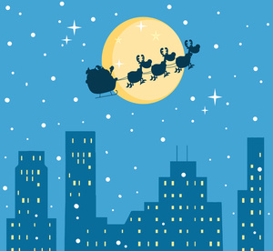 Free Santa Clipart Image: clip art illustration of Santa Clause flying in the sky over tall buildings