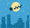 new santa clipart image: clip art illustration of santa clause flying in the sky over tall buildings
