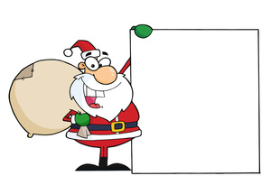 Free Blank Sign Clipart Image: Jolly Old Santa Claus with a Bag of Toys Holding up a Big Blank Sign for Your Marketing Slogan or Christmas Message