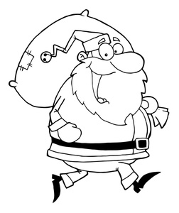 Free Christmas Coloring Pages Clipart Image: Jolly Old Santa Claus with a Sack of Presents and Christmas Gifts and a Coloring Page