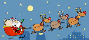 Free Christmas Clipart Image: Reindeer Pulling Santa Claus on a Sleigh As He Delivers Toys on Christmas