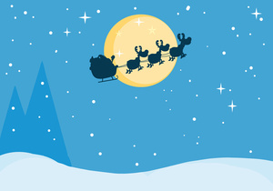 Free Christmas Clipart Image: Santa and His Reindeer Flying across the Moon on a Snowy Christmas Eve