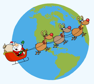 Free Reindeer Clipart Image: Santa and His Reindeer Travel the World by Sleigh Delivering Presents to the Good Boys and Girls