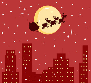 Free Sleigh Clipart Image: Santa and Reindeer Delivering Christmas Presents Over a City