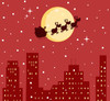 new santa clipart image: santa and reindeer delivering christmas presents over a city