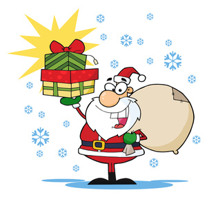 Free Santa Clipart Image: Santa Claus with Presents and Falling Snowflakes