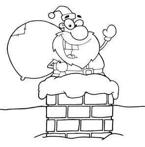 Free Coloring Page Clipart Image: Santa in Chimney with Sack of Toys Coloring Page
